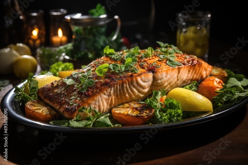 Baked salmon with grilled vegetables in a restaurant with elegant decoration., generative IA