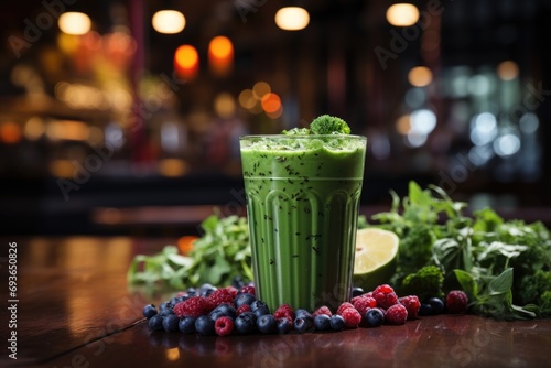 Healthy green smoothie in a glass glass on a wooden table in a gym., generative IA
