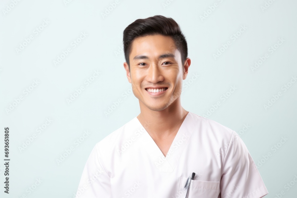 Charming Asian Male Nurse with a Smile - Isolated Image Showing Care, Health and Happiness with Copy Space on the Right - obrazy, fototapety, plakaty 