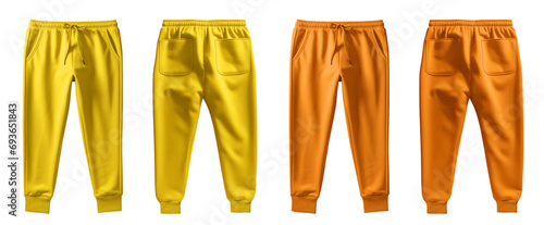  2 Set of yellow orange mustard, front back view sweatpants jogger sports trousers bottom pants on transparent background, PNG file. Mockup template for artwork design