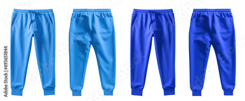  2 Set of dark light blue turquoise, front back view sweatpants jogger sports trousers bottom pants on transparent background, PNG file. Mockup template for artwork design photo