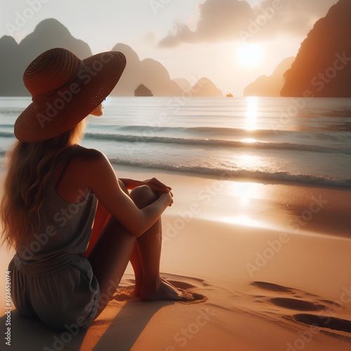 Mulher loira com vestido longo branco senta-se na praia vazia e olha para o mar, Jovem mulher com mochila olhando para a praia de Kaputas, costa da Lícia. Caminhada de verão em férias em família photo