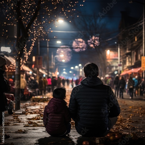 Chinese Father and Son Watching Lunar New Year Fireworks Together
