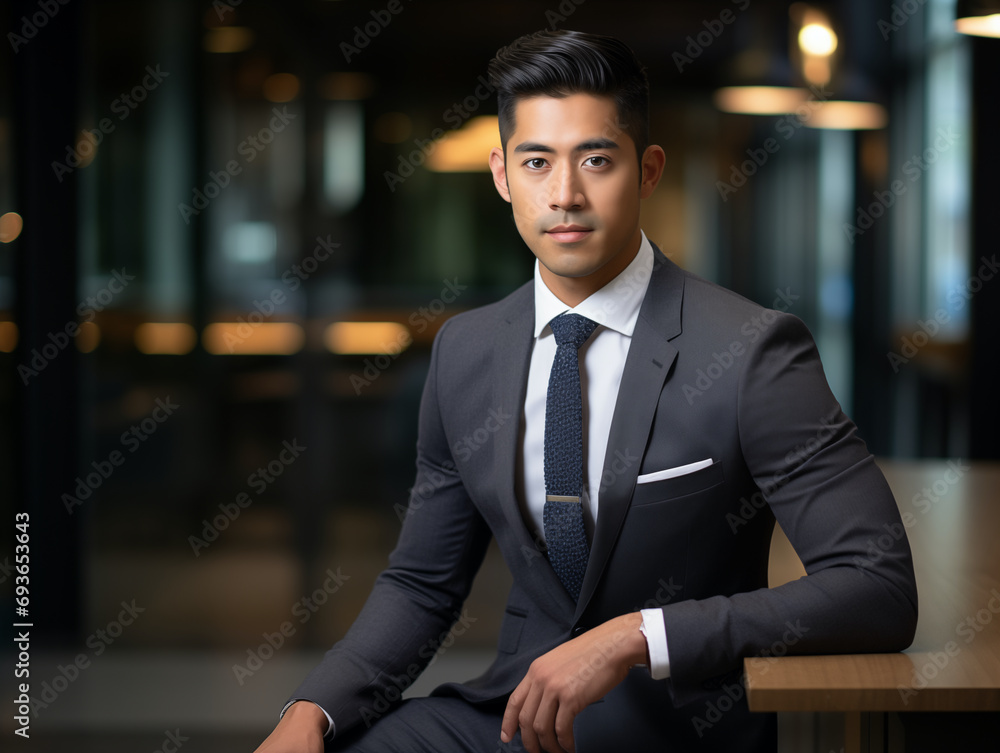 Fototapeta premium Young man in a fitted business suit leaning against a countertop in professional pose for corporate business headshot photo