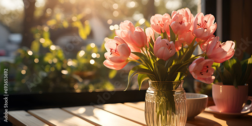 Fresh pink tulips in green vase #693653692