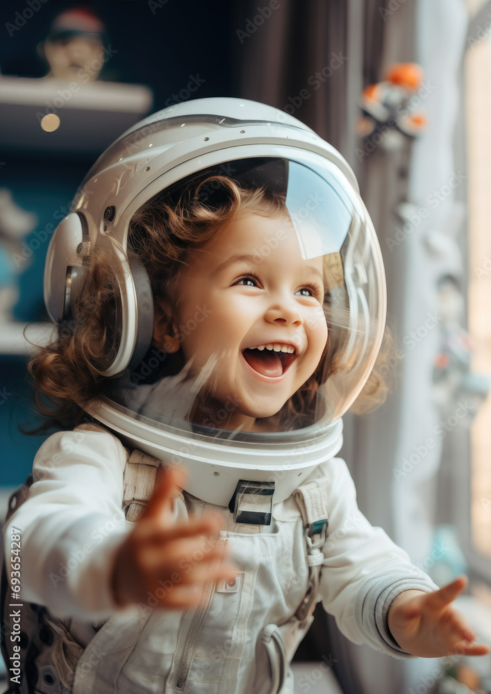 smiling cute child in astronaut helmet, spacesuit, childhood, kid playing game, children's room, cheerful toddler, baby, space flight, emotional portrait, happy facial expression smiling cute child in astronaut helmet, spacesuit, childhood, kid playing game, children's room, cheerful toddler, baby, space flight, emotional portrait, happy facial expression