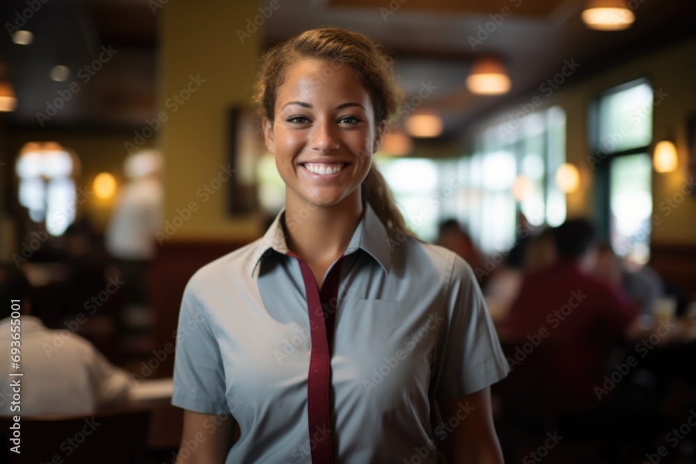 Portrait of smiling young waitress in cafe or bar