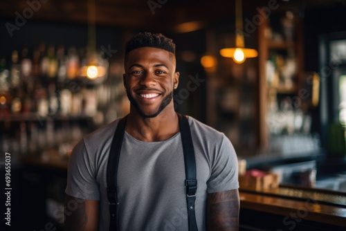 Smiling portrait of young waiter in restaurant