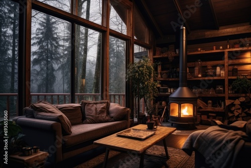 Cozy Winter Cabin Interior with Warm Fireplace