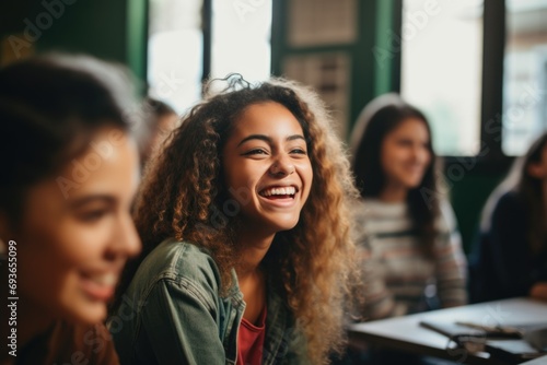 Happy diverse high school students talking in class photo