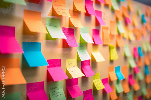 Many colorful sticky notes on board in office photo