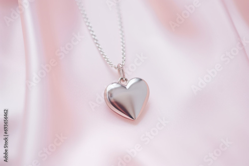 Delicate shiny heart shaped necklace on a minimalist pink background. Generative AI