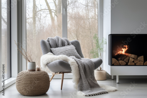 Cozy living room with armchair and fireplace near the window. Scandinavian home interior design. Generative AI