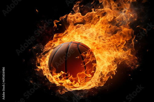 Basketball ball flying on a black background. Concept of a competition or fast moving ball. Generative AI © barmaleeva