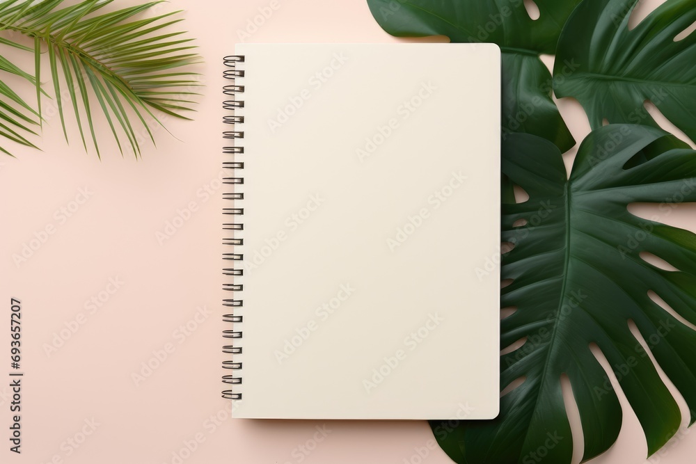 blank notebook lies open on a pale pink surface, framed by lush green tropical leaves, creating a vibrant yet serene top view mockup - obrazy, fototapety, plakaty 