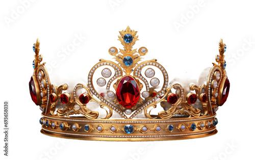 Majestic Gemstone-Embellished Golden Crown Isolated on Transparent Background PNG.