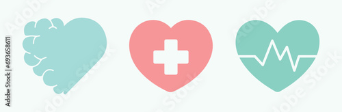 Medicine, mental health, brain, heart, healthy. Medical, medicinal, hospital. Heartbeat symbol. Illustration, vector, icon, set. Therapy, cure, treatment