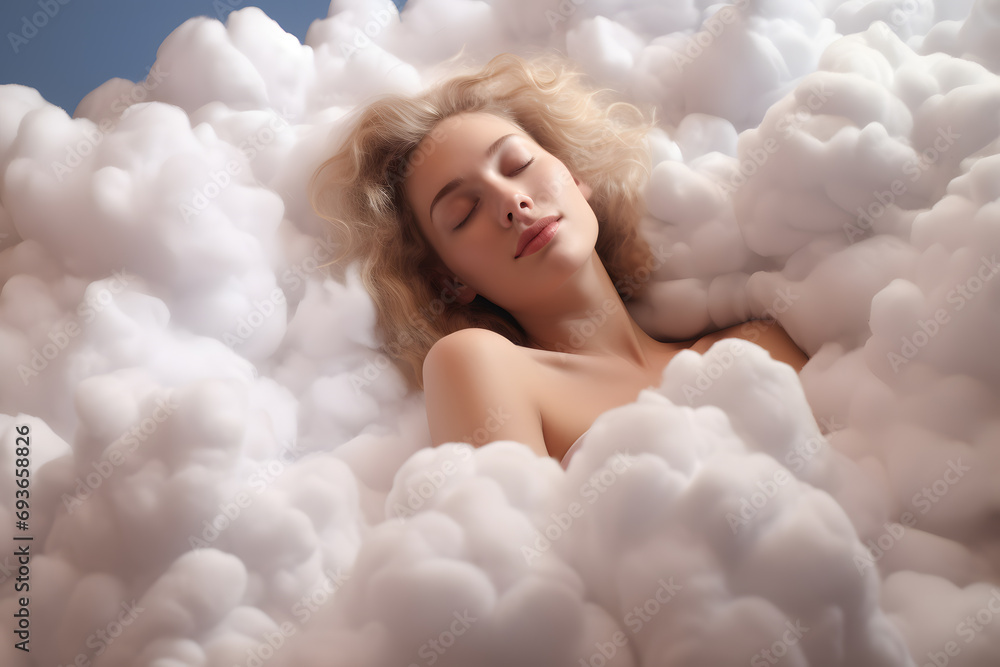 Beautiful young Woman sleeping on a cloud like in the bed