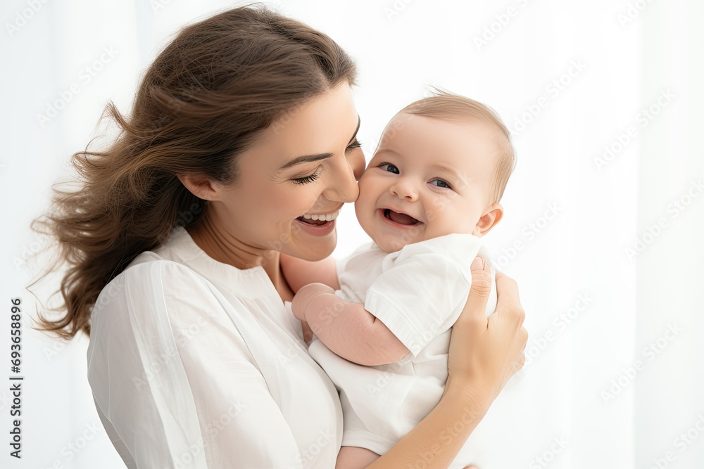 Smiling woman in white clothes gently hugging smiling child in white clothes on white background, Smiling woman in white clothes gently hugging smiling child in white clothes on white background,