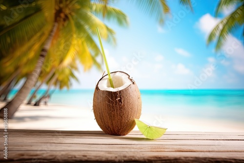 coconut drink in coconut shell on the beach