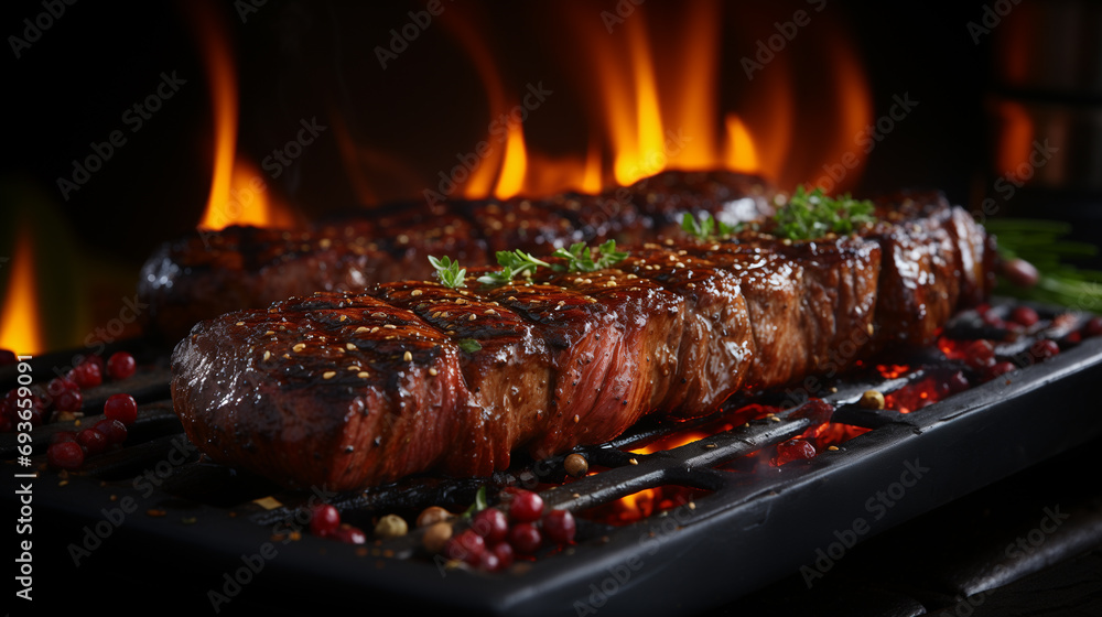 Fotografia de culinária, imagem de um bife bovino suculento e delicioso sendo preparado na brasa Fotografia de culinária, imagem de um bife bovino suculento e delicioso sendo preparado na brasa