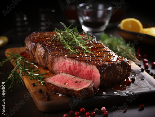 Fotografia de culinária, imagem de um bife bovino suculento e delicioso sendo servido photo
