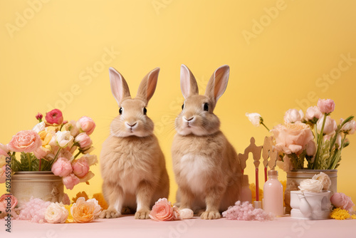 Couple of cute bunnies with basket, Easter eggs and spring flowers on a light yellow colored background