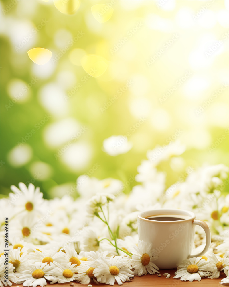 Freshly brewed coffee in a white cup among daisies with golden bokeh background. Design for breakfast menu, cafe, spring offers Freshly brewed coffee in a white cup among daisies with golden bokeh background. Design for breakfast menu, cafe, spring offers