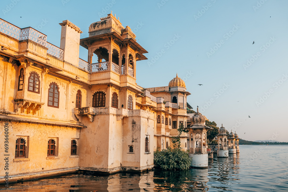 waterfront view of pichola lake in udaipur, india