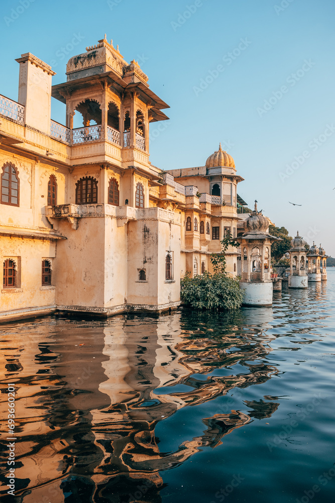 waterfront view of pichola lake in udaipur, india