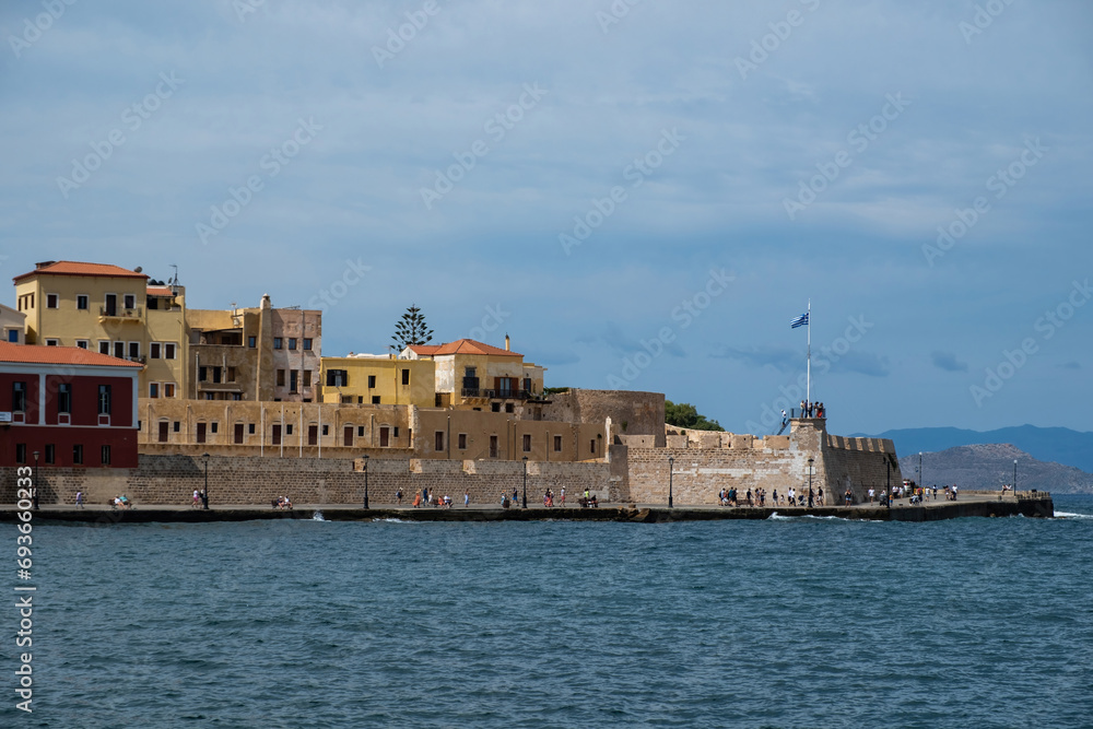 Firkas Fortress at harbor of the Old Town of Chania Crete, Greece. Revellino castle, at seaside.