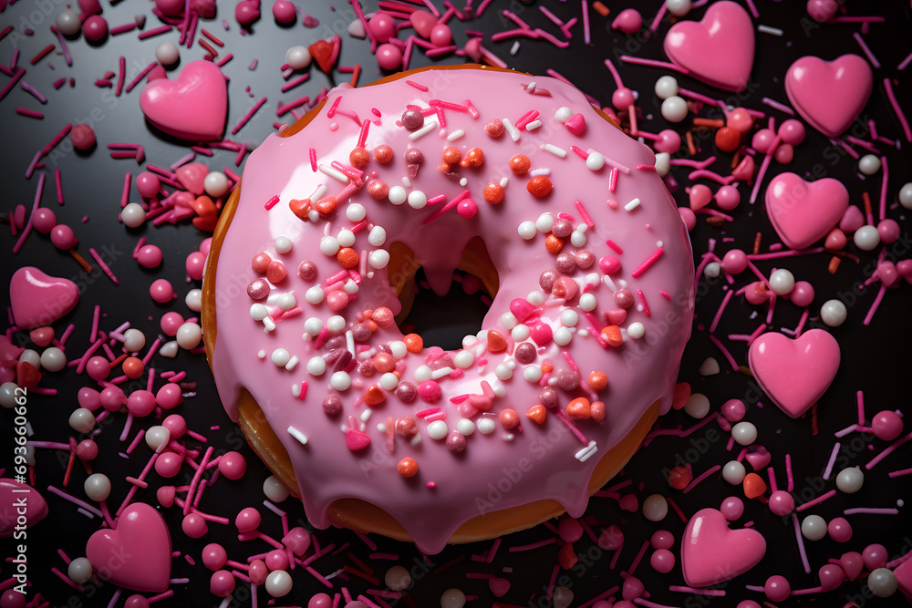 Pink donut with sprinkles Top view Pink donut with sprinkles Top view