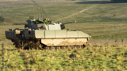 British army General Dynamics Ajax Reconnaissance and Strike armoured fighting vehicle (AFV), tank in action. Wilts UK