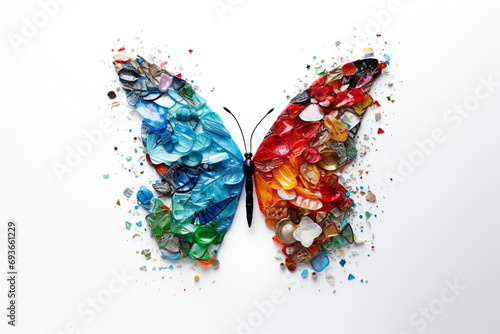 Butterfly consisting of household garbage on a white background, theme of ecology