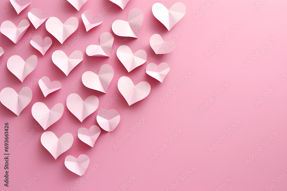 Heart made of small pink paper hearts on a pink background