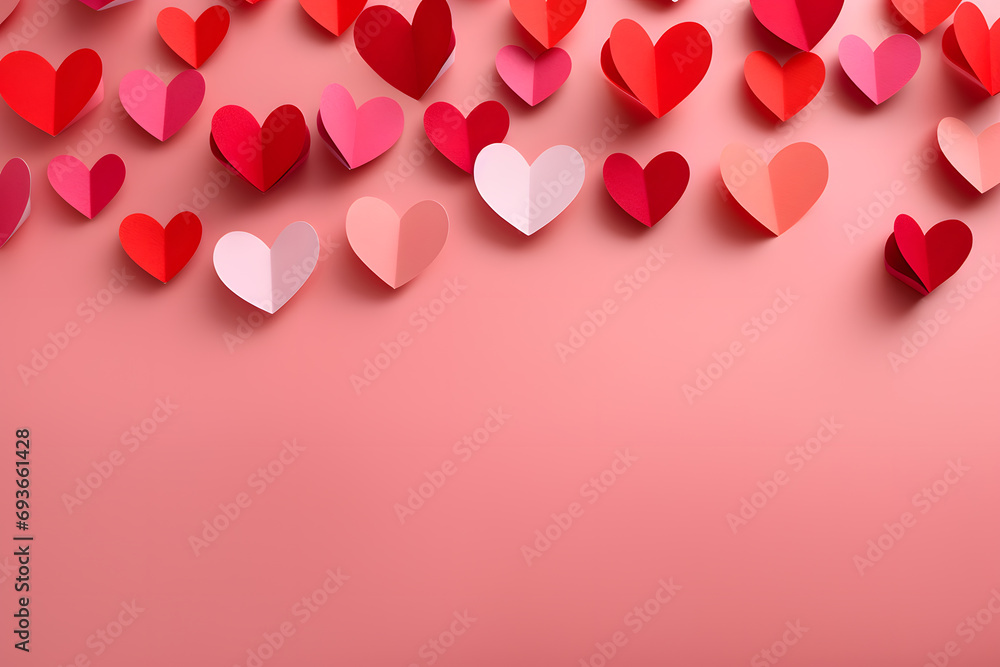 Small red paper hearts on a pink background