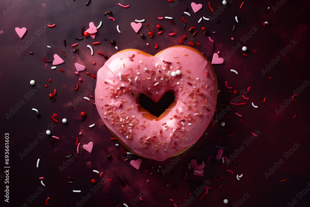 Donut with sprinkles shape of heart. Valentine’s Day