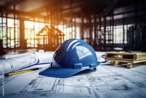 Construction Plans and Safety Helmet at a Building Site