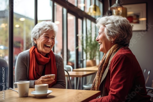 Happy senior women drinking coffee in cafe