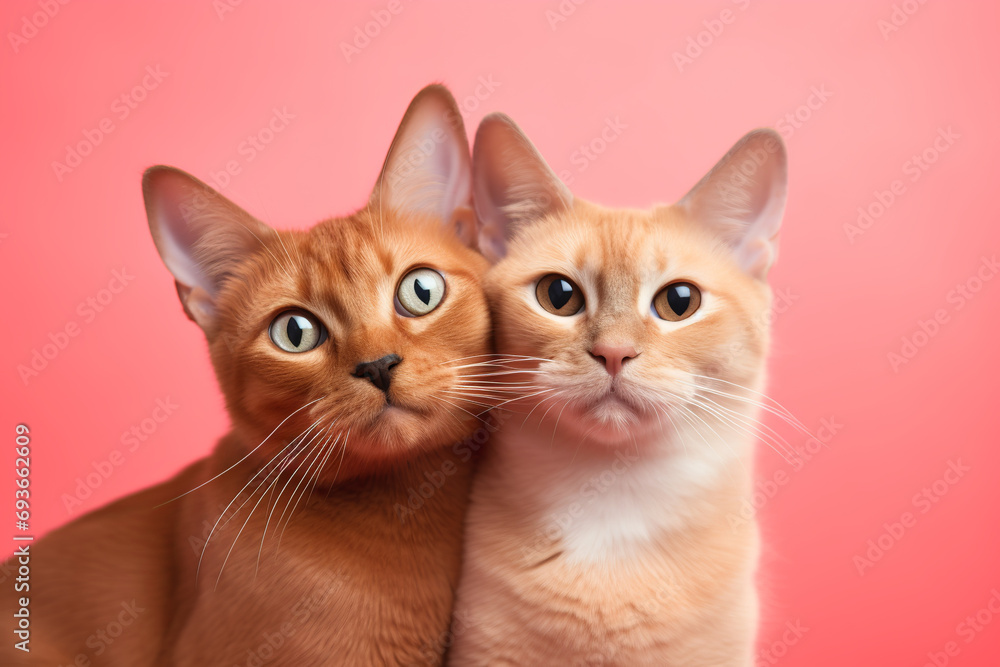 Pair of cats, ginger Abyssinian and beige sitting close to each other on pink background