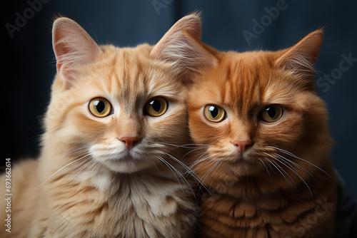 Pair of fluffy ginger cats sitting close to each other on blue background