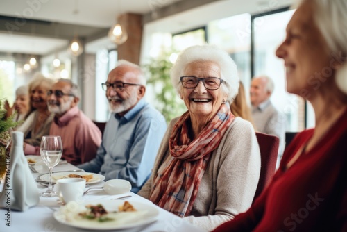 Group of Happy Senior Friends Enjoying Meal Together photo