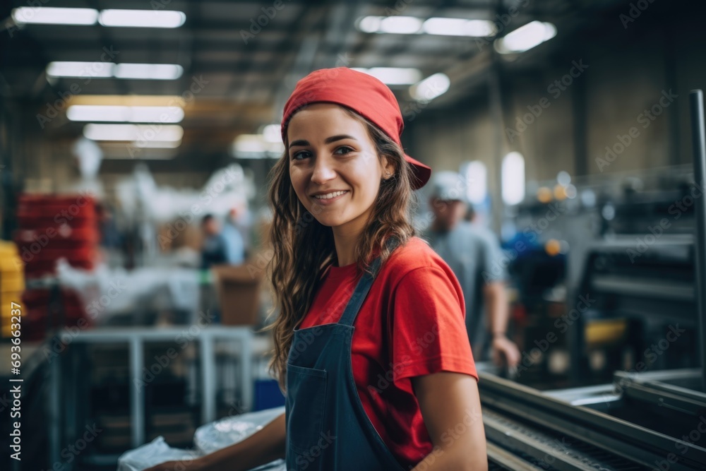 Portrait of a young smiling woman working in factory Portrait of a young smiling woman working in factory