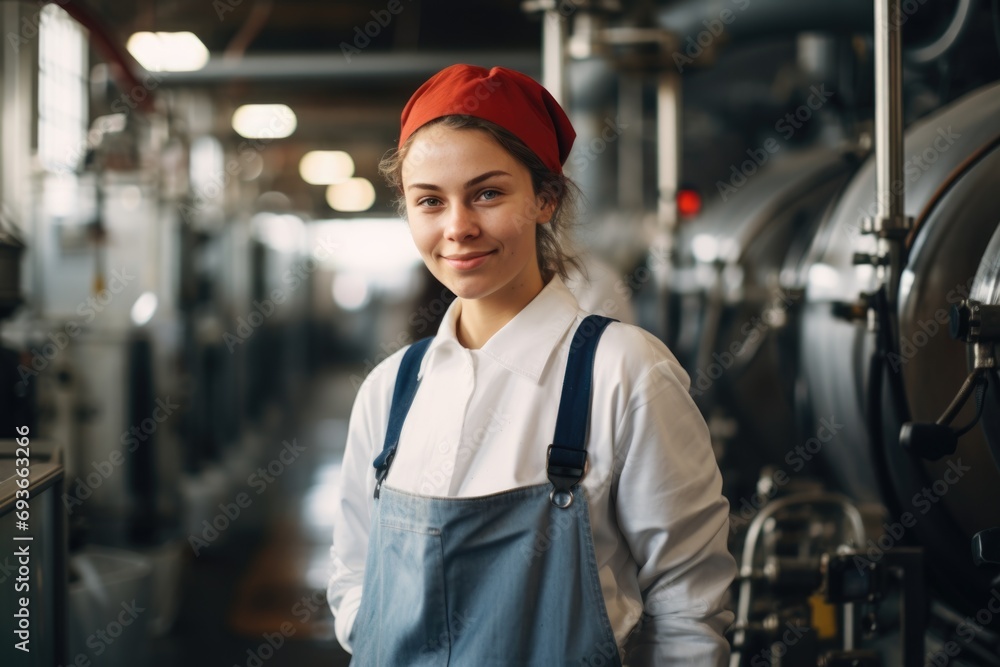Portrait of a young smiling woman working in factory Portrait of a young smiling woman working in factory
