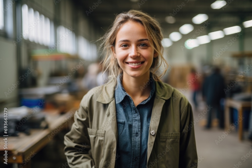 Portrait of a young smiling woman working in factory Portrait of a young smiling woman working in factory