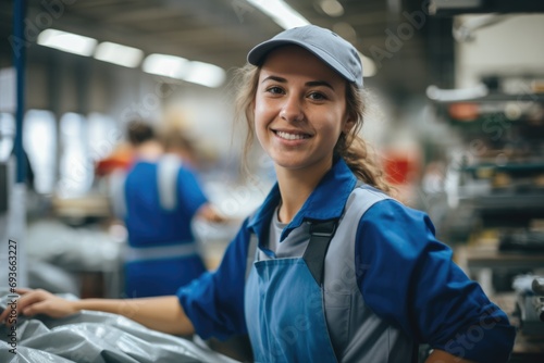 Portrait of a young smiling woman working in factory