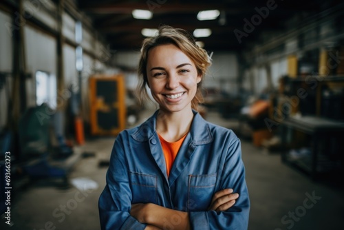Portrait of a young smiling woman working in factory © NikoG