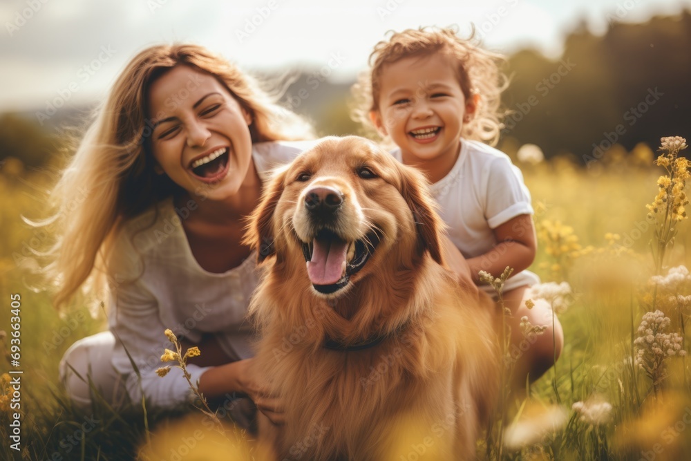 Portrait of young family with pet dog in the park