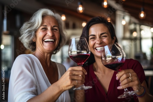 Happy senior women drinking wine in cafe or bar photo