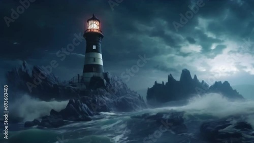 glowing lighthouse in a stormy sea photo